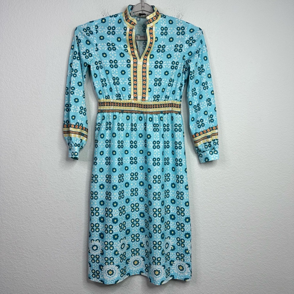 Nancy Greer Dress Womens‎ S Blue Mod Floral Abstract VTG 70s Hippie Boho Peasant